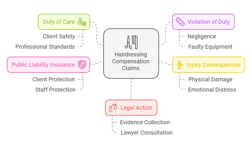 Infographic illustrating factors involved in hairdressing compensation claims, including duty of care, violation of duty, injury consequences, public liability insurance, and legal action, with examples like negligence, client safety, and evidence collection