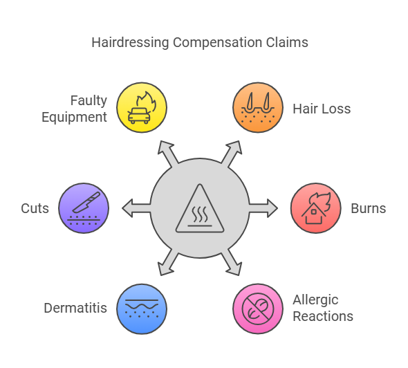 Infographic detailing causes of hairdressing compensation claims, including faulty equipment, hair loss, burns, allergic reactions, dermatitis, and cuts.