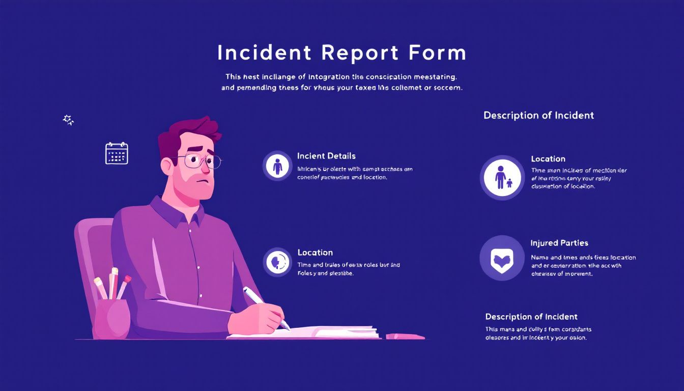 Incident Report Form with sections for incident details, location, injured parties, and a description of the incident.