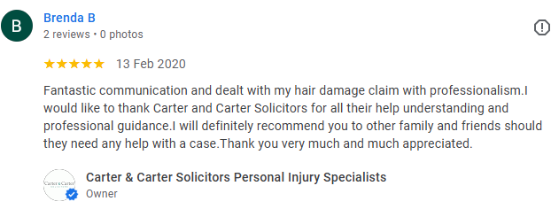 A five-star Google review praising Carter & Carter Solicitors for their expertise in handling a hair damage compensation claim, highlighting their professionalism and excellent communication.