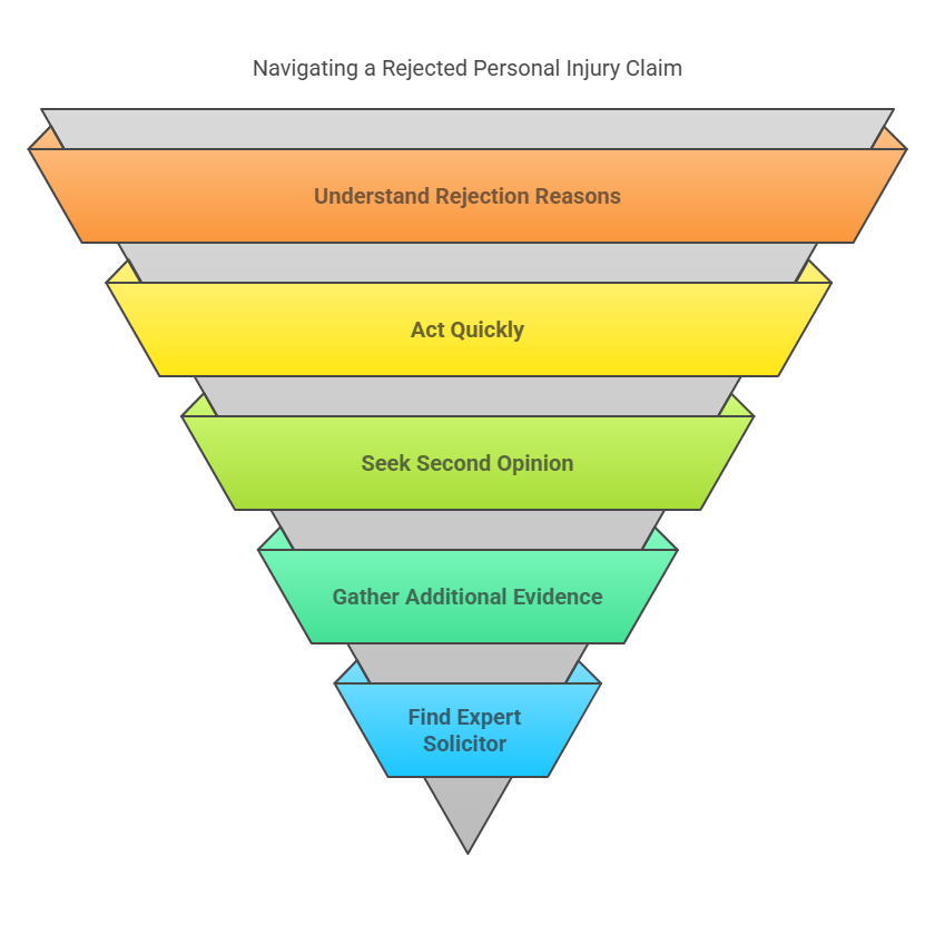 A funnel-shaped infographic illustrating the process of overcoming a rejected personal injury claim, showing steps from claim rejection to successful resolution.