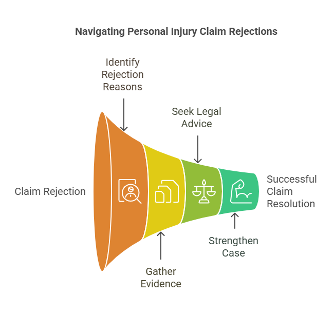A funnel-shaped infographic illustrating the process of overcoming a rejected personal injury claim, showing steps from claim rejection to successful resolution.