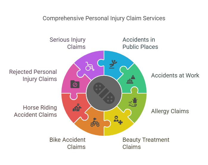 Infographic showing eight types of personal injury claims handled by personal injury solicitors in Manchester including serious injuries, bike accidents, and workplace incidents