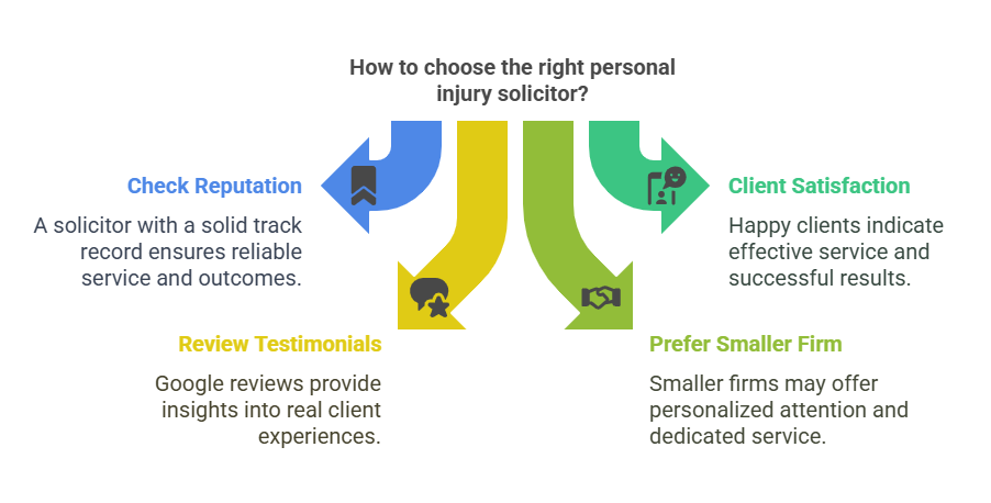 Infographic outlining how to choose a personal injury solicitor, with four tips including checking reputation, client satisfaction, testimonials, and opting for a smaller firm in Manchester