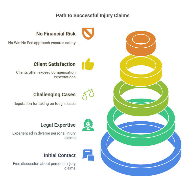 Infographic showing five-step process to successful personal injury claims including legal expertise, client satisfaction, and no financial risk with personal injury solicitors Manchester
