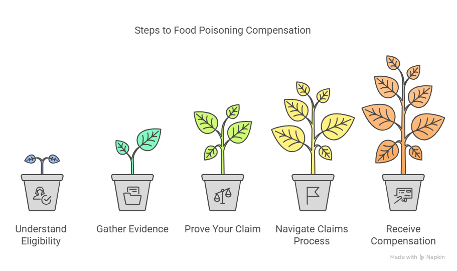 Growing plants in pots illustrating steps to a successful food poisoning claim, from eligibility assessment to receiving compensation.